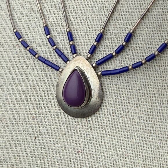 Native American Liquid Sterling Silver Purple Sugilite Blue Lapis Necklace VTG - Picture 16 of 16